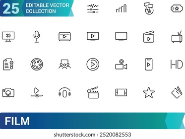 Coleção de ícones de mídia de filme, Icons grande conjunto para design. conjunto de ícones da web de linha fina mínima. Coleção de ícones de estrutura de tópicos. edite um conjunto de ícones de traçado.