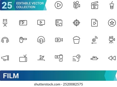 Film Media icons collection, Icons big set for design. minimal thin line web icon set. Outline icons collection. editabale stroke icons set.