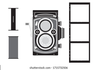 Film medium format vintage photo camera and black and white film strip template 120 type (60 mm or 2x2 in) negative with three 6x6cm with empty space inside frames.