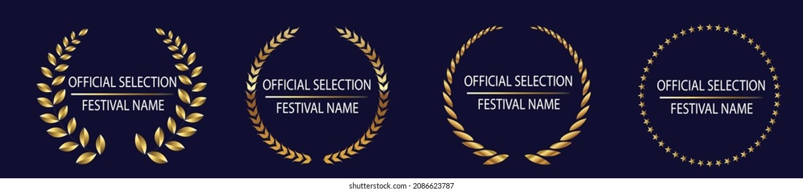 film movie award vector. laurel festival winner wreath. best cinema star icon. gold logo. celebrity branch prize. academy entertainment reel. reward emblem banner.  svg