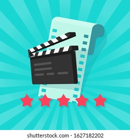 Film or movie cinematography rating or review vector illustration flat cartoon, rate stars with film strip and clapper board, concept of cinema quality 