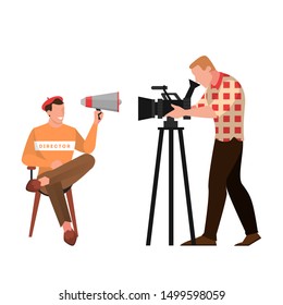 Film and movie director sitting on the chair and speaking through the megaphone. Creative occupation, producer in cinema studio and cameraman. Isolated vector illustration in flat style