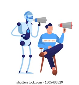 Film and movie director sitting on chair and speaking through the megaphone. Creative occupation, producer in cinema studio. Robot working in movie studio. Isolated vector illustration in flat style