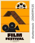 Film and movie festival poster design template background decorated with film reel, filmstrip, retro camera separated on yellow layers. Design element for flyer, print, brochure, vector illustration
