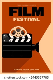 Film and movie festival poster template design with vintage film camera. Design element can be used for  banner, brochure, leaflet, flyer, print, vector illustration