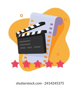 Film movie quality review concept vector icon flat cartoon illustration, video content survey cinema reputation rating with stars and clapper board image clipart, filmmaking cinematography idea