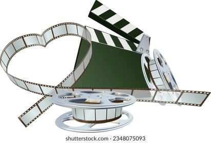 A film movie reel strip roll and clapper clapperboard cinema video lover concept