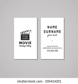 Film, movie and video business card design concept. Logo with clapper board. Vintage, hipster and retro style. Black and white.