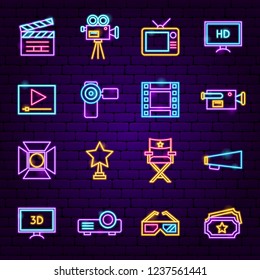 Film Neon Icons. Vector Illustration of Video Symbols.