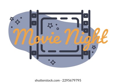 Film night, watching movies in cinema or hall, home entertainment, amusement on weekends, and leisure time. Cinematography and recreation, capture on reel. A vector in flat style illustration