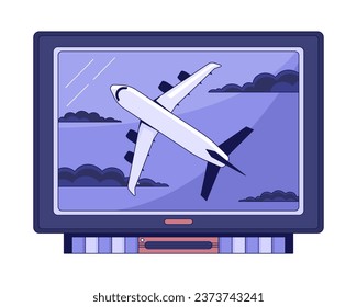 FIlm on tv flat line color isolated vector object. Flying plane on display. Editable clip art image on white background. Simple outline cartoon spot illustration for web design