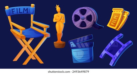 Film oscar, popcorn and cinema icon cartoon vector set. Movie element isolated symbol for hollywood festival. Clapperboard, director chair and tape reel filmmaking design concept. Premiere graphic