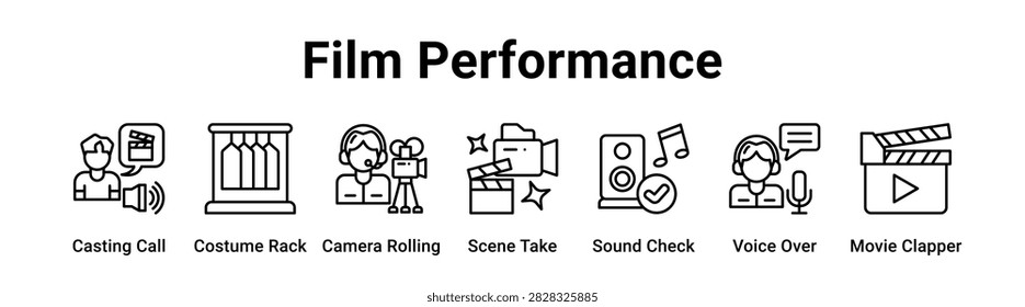Film Performance web banner icon vector illustration concept for entertainment with icon of Casting Call, Costume Rack, Camera Rolling, Scene Take, Sound Check, Voice Over.