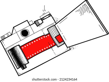 film photo camera illustration minimal dotwork tattoo cartoon style black and white