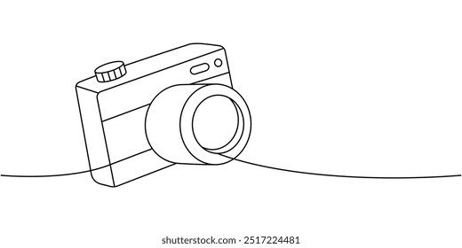 Film photo camera with lens one line continuous drawing. Professional photo equipment. Vector linear illustration.