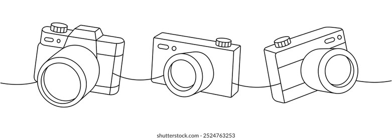 Câmera fotográfica de filme com uma lente desenho contínuo de uma linha. Equipamento profissional de fotografia. Ilustração linear de vetor.