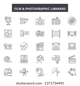 Film and photographic libraries line icons, signs set, vector. Film and photographic libraries outline concept, illustration: film,camera,photography,photo,technology,web,photograph,design