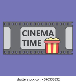 film and popcorn, snack and movie theater, time of cinema, text, vector image, flat design, outline style
