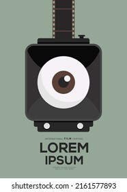 Film poster design template background with vintage movie camera. Can be used for backdrop, banner, brochure, leaflet, flyer, print, publication, vector illustration