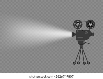 Film poster with retro movie camera and vibrant spotlight showing media entertainment concept and colorful cartoon illustration for cinema festival layout with tape roll and production equipment

