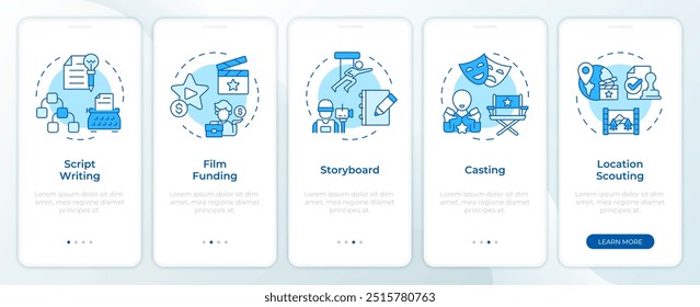 Film pre-production blue onboarding mobile app screen. Walkthrough 5 steps editable graphic instructions with linear concepts. UI, UX, GUI template