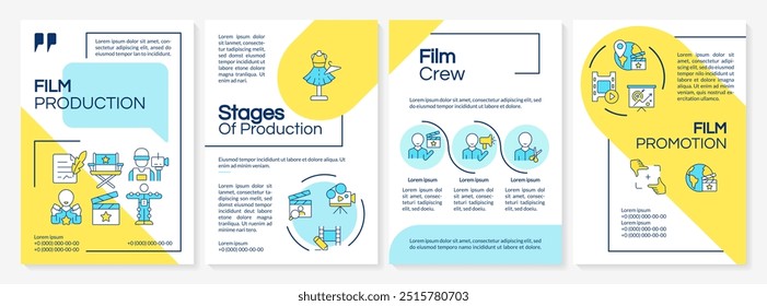 Plantilla de folleto azul y amarillo de producción cinematográfica. Filmación, actuación. Diseño de folleto con iconos lineales. 4 diseños de Vector editables para presentación, informes anuales