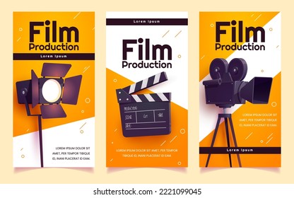 Film production cartoon vector cards . Movie industry elements banner set. Retro filming video camera, clapperboard