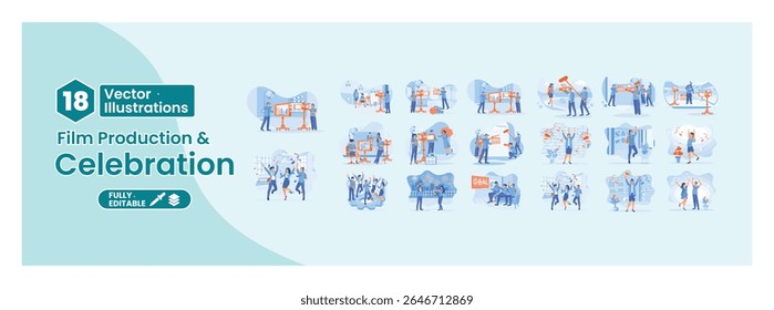 Film production and celebration concept. People work in film production and people celebrate festive parties. Mega set.