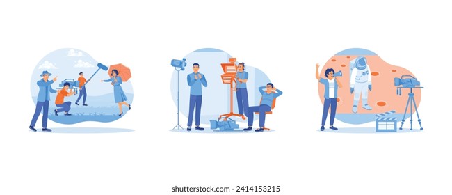 Film Production concept. Behind the scenes of the filmmaking process. Filming process in the studio. The cinematographer shoots scenes on Mars. Flat vector illustration.