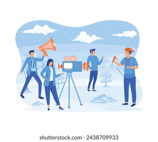 Film Production concept. People Filming and Talking Using Headphone. flat vector modern illustration 