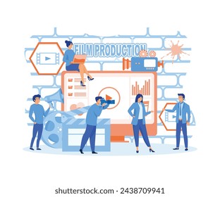 Film Production concept, people in the studio making a film, filmmaking online course can use for, landing page. flat vector modern illustration 