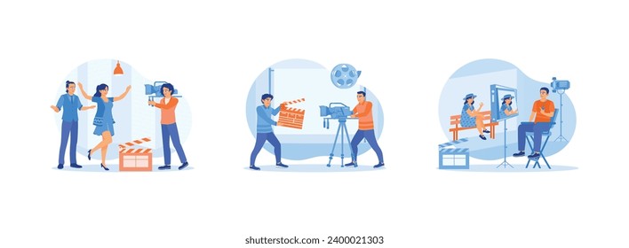 Film Production concept. The process of shooting a film indoors. Behind the scenes of filming in the studio. The film director sits in front of the monitor screen. 