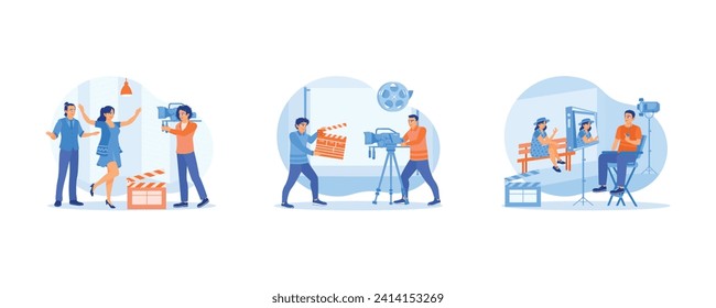 Concepto de producción cinematográfica. El proceso de filmar una película en interiores. Tras escenas de filmación en el estudio. El director de cine se sienta frente a la pantalla del monitor. Ilustración vectorial plana.