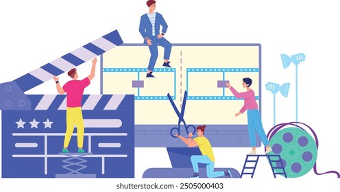 Concepto de producción cinematográfica. Tiro y hacer equipo de película aislado en el fondo blanco