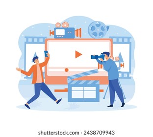 Film Production concept. Videography, shooting film in studio. flat vector modern illustration 