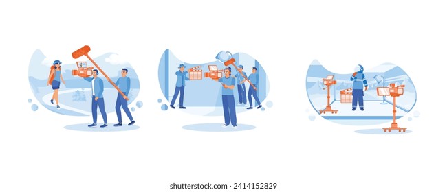 Film Production concept. young woman with a backpack on her back as a film model. Behind the scenes of the film making process. set flat vector illustration