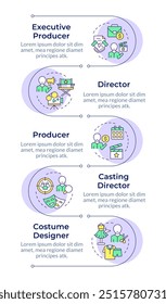 Film production crew infographic vertical sequence. Television entertainment, media production. Visualization infochart with 5 steps. Circles workflow