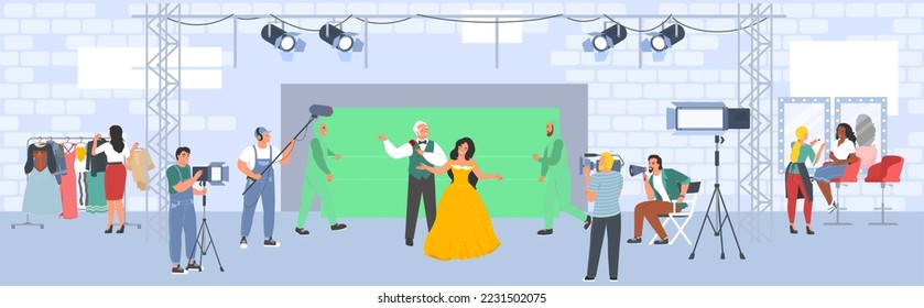 Film production crew vector. Cinema love movie shooting in studio illustration. Romantic video, cartoon fairy tale creation background. Dramatic TV show making cinematography concept