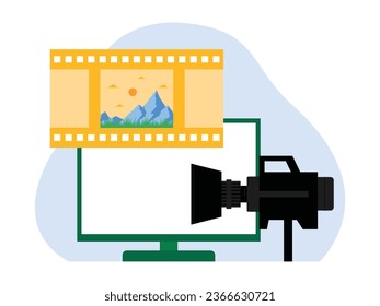Film production equipment, computers for editing and cameras for capturing scenes while filming, film industry vector illustration.