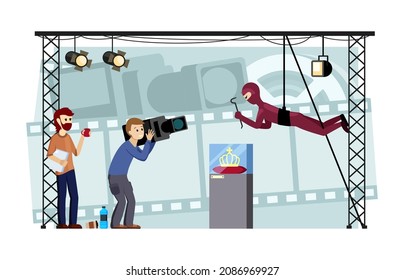 Film production and filming set. Camera setup by operator and backlight group actors in special scenery with film crew professional makeup artists and recording studio with video. Vector cartoon.