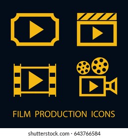 Film production flat icon set. Cinema ticket, clapper, film and vintage film video camera