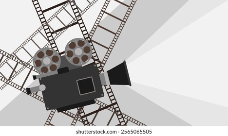 Film production icon, movie camera and film strip icon, film production concept. Vector, cartoon illustration. Vector.