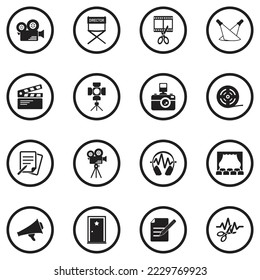Film Production Icons. Black Flat Design In Circle. Vector Illustration.