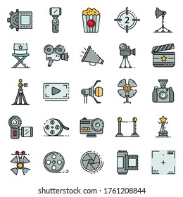 Film production icons set. Outline set of film production vector icons thin line color flat on white