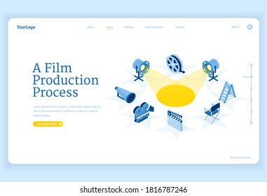 Film production isometric landing page, movie making process and equipment camera, spotlight, loudspeaker and reel with ladder and director chair stand around of illuminated stage 3d vector web banner