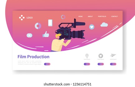 Film Production Landing Page. TV Video Industry Concept with Flat People Character Making Movie Website Template. Easy Edit and Customize. Vector illustration