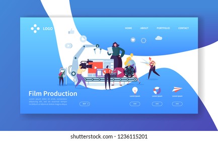 Film Production Landing Page. TV Video Industry Concept with Flat People Characters Making Movie Website Template. Easy Edit and Customize. Vector illustration