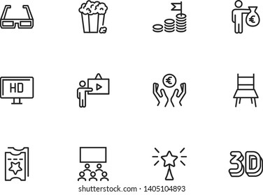 Film production line icon set. 3d glasses, presentation, hall, ticket. Movie industry concept. Can be used for topics like cinema, first night, premier, award
