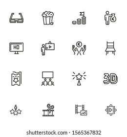 Film production line icon set. 3d glasses, presentation, hall, ticket. Movie industry concept. Can be used for topics like cinema, first night, premier, award