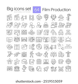 Film production linear icons set. Filmmaking, videography. Narrative, storytelling. Television, entertainment. Customizable thin line symbols. Isolated vector outline illustrations. Editable stroke